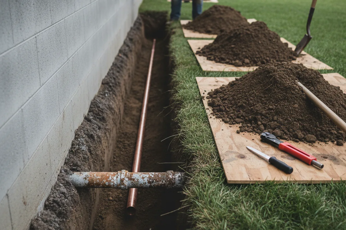 Excavated water line trench during Water Heater Repair in Covington